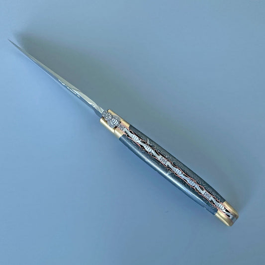 Laguiole en Aubrac Belle Pièce pocket knife, tricolor black, brass and silver handle