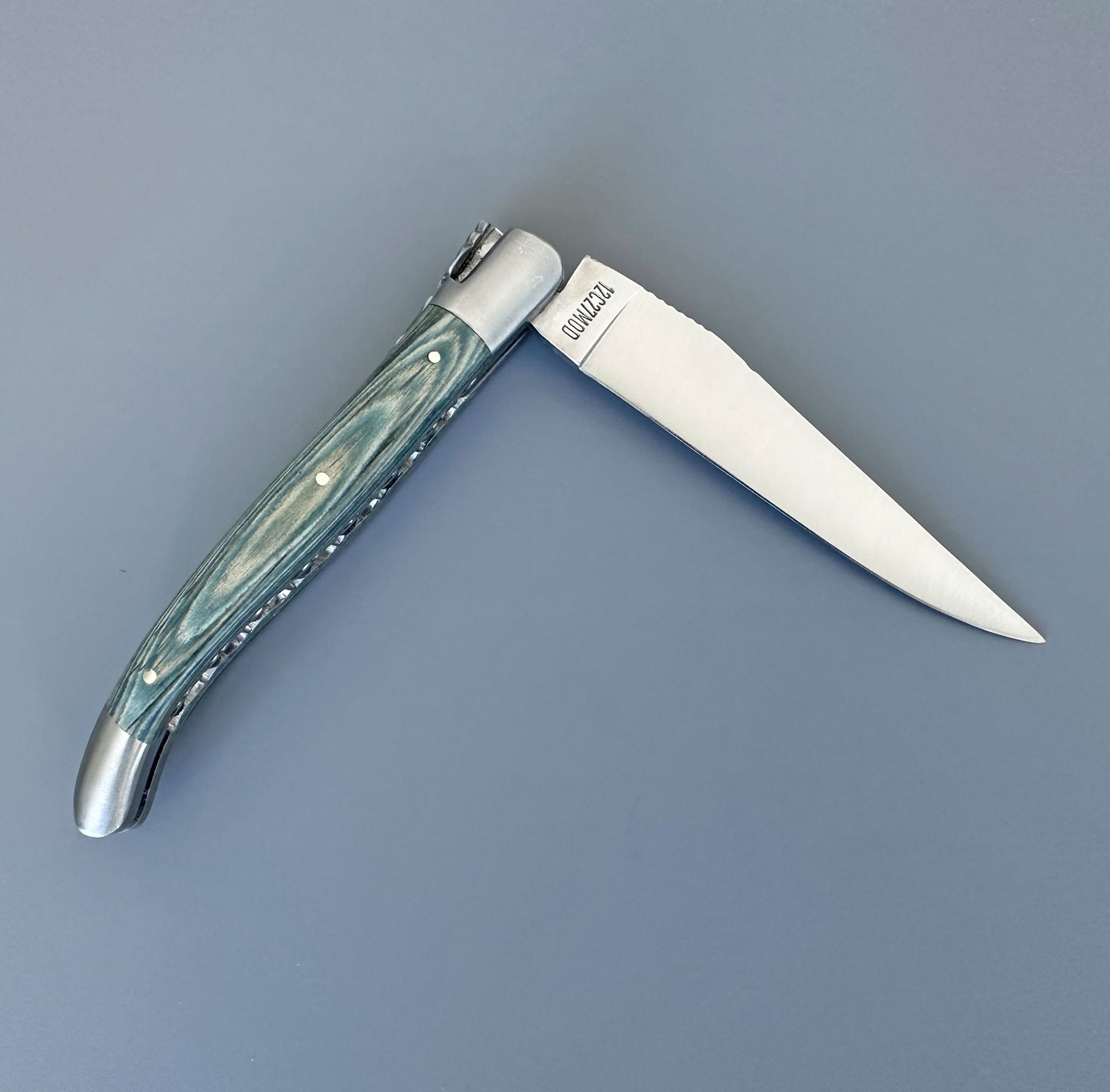 Angled view of an open Laguiole en Aubrac pocket knife highlighting the hand-filed bee, forged spring, and caramel Pakka handle