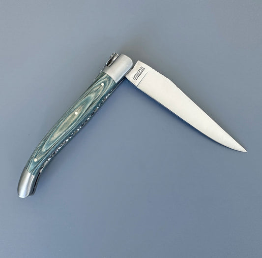 Angled view of an open Laguiole en Aubrac pocket knife highlighting the hand-filed bee, forged spring, and caramel Pakka handle