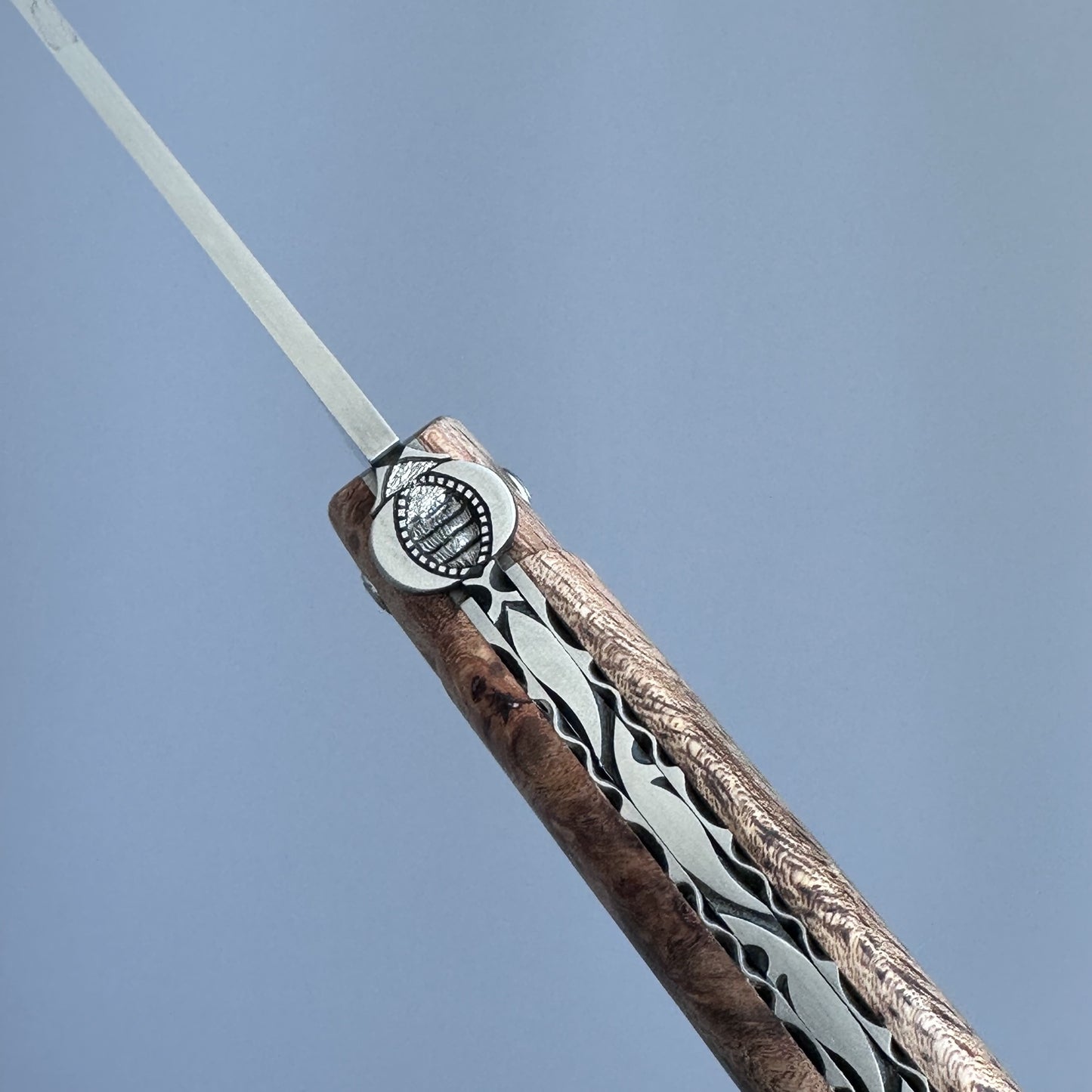 Laguiole en Aubrac Droit Folding Knife Bee Detail and Spine Detail