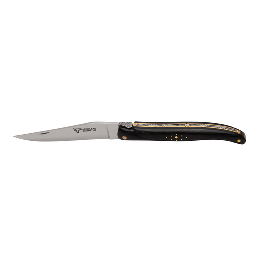 Folding knife with black handle on a white background