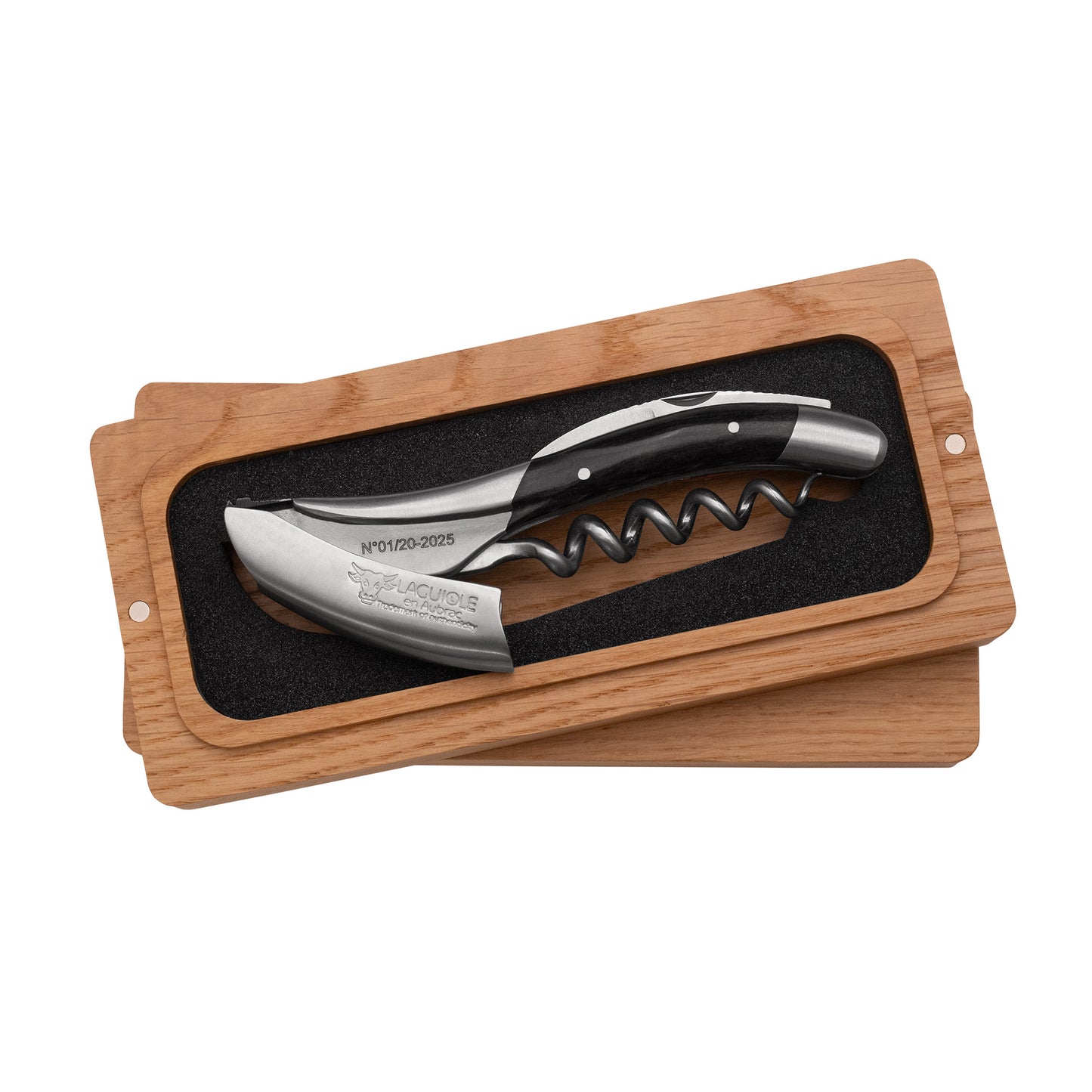Corkscrew with a wooden case on a white background