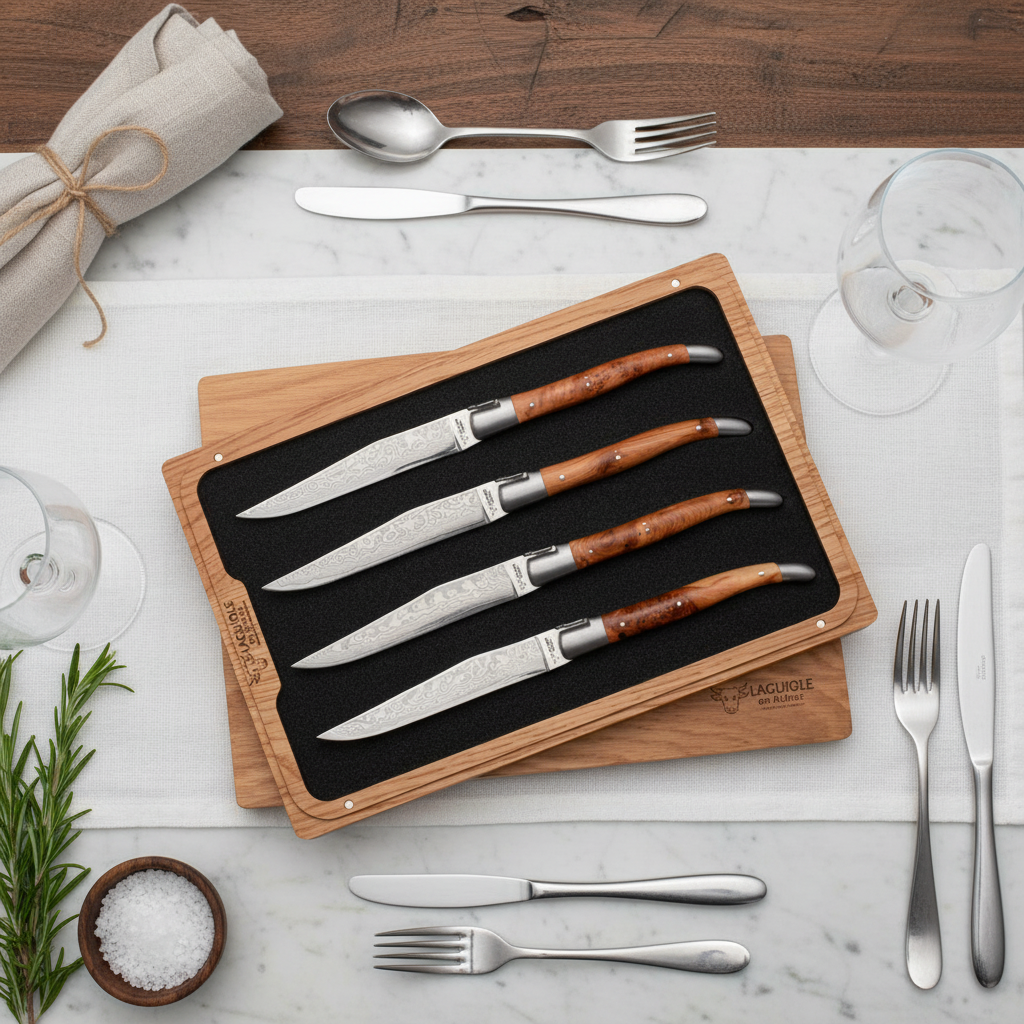 Laguiole en Aubrac 4-Piece Steak Knife Set, Damascus Blades & Juniper Wood Handles