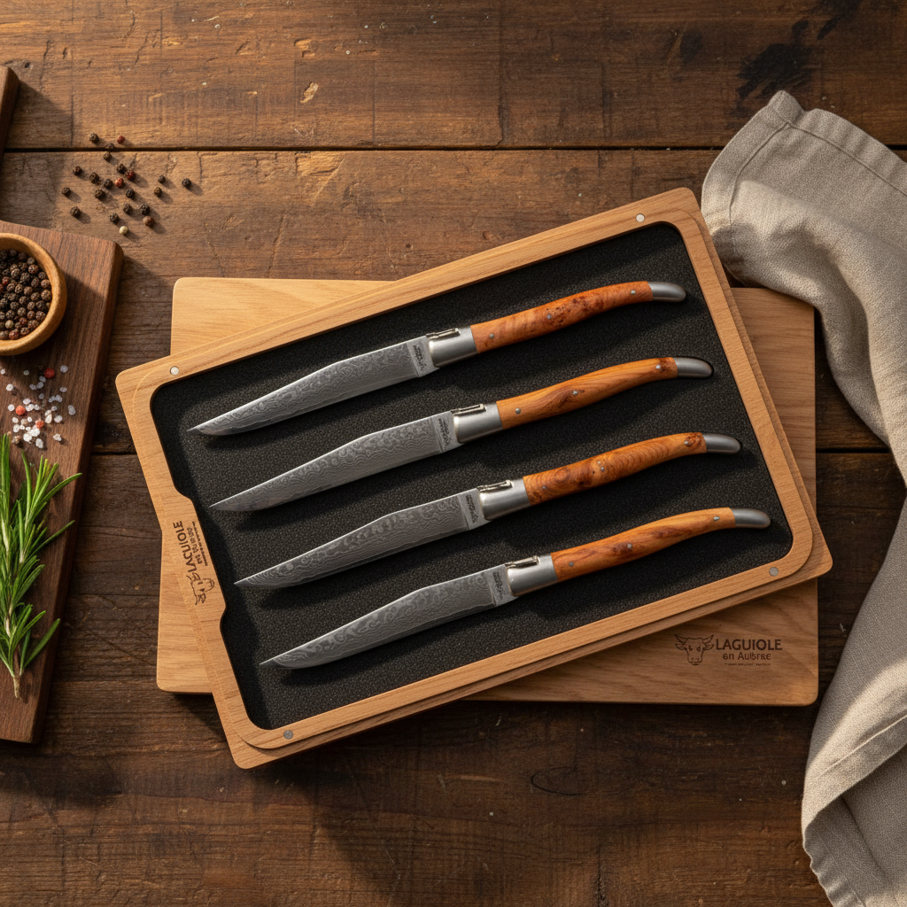 Laguiole en Aubrac 4-Piece Steak Knife Set, Damascus Blades & Juniper Wood Handles
