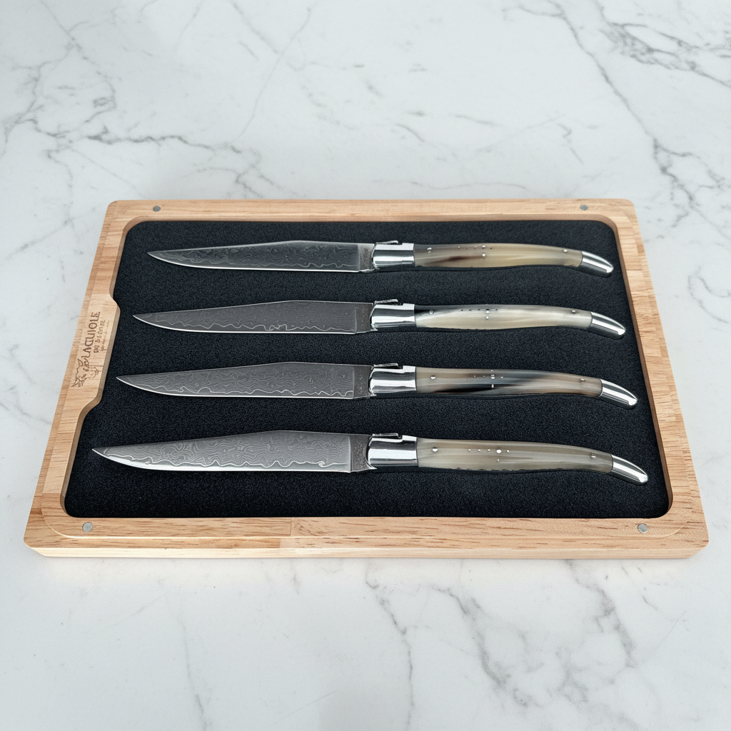 Laguiole en Aubrac 4-Piece Steak Knife Set, Damascus Blades & Solid Horn Handles