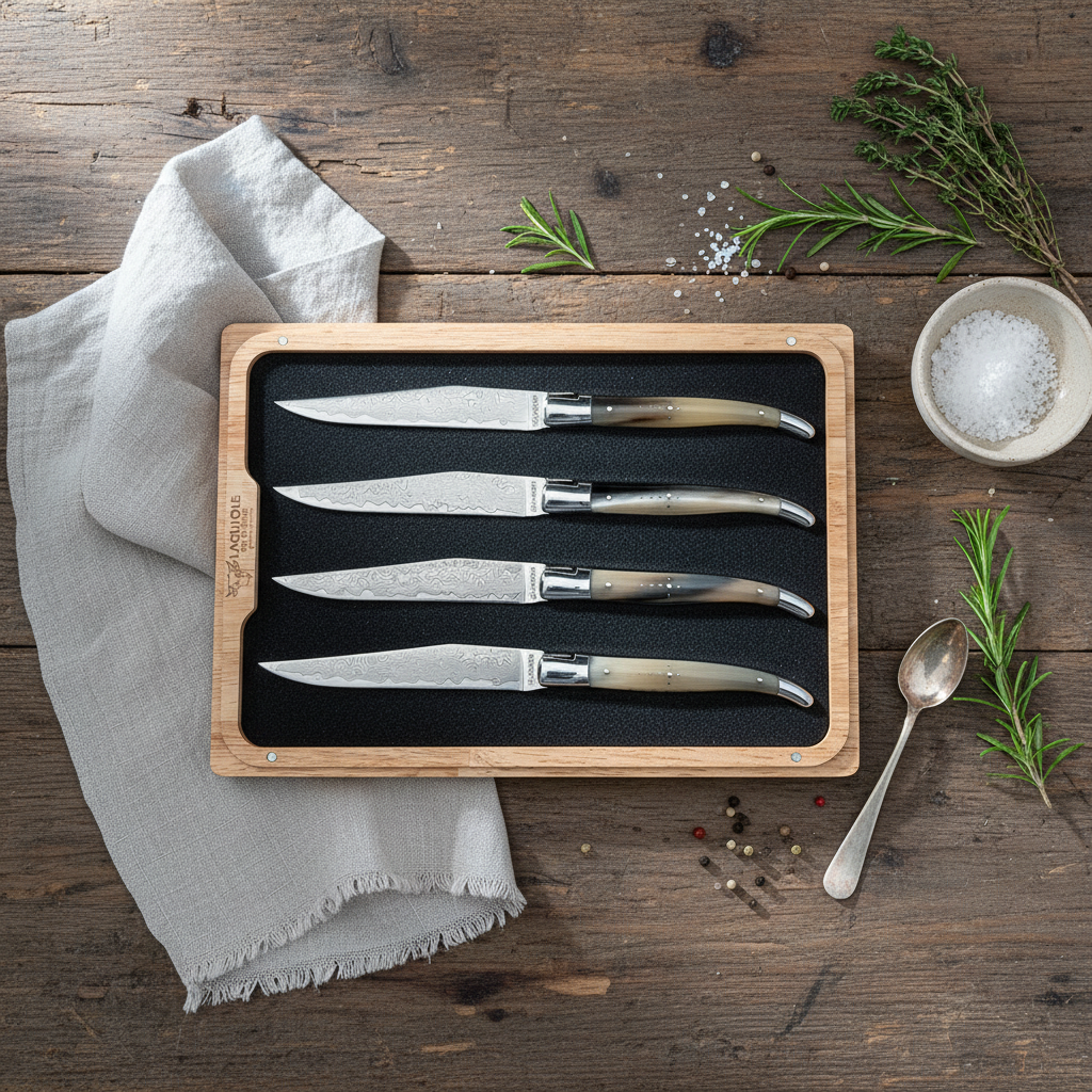 Laguiole en Aubrac 4-Piece Steak Knife Set, Damascus Blades & Solid Horn Handles
