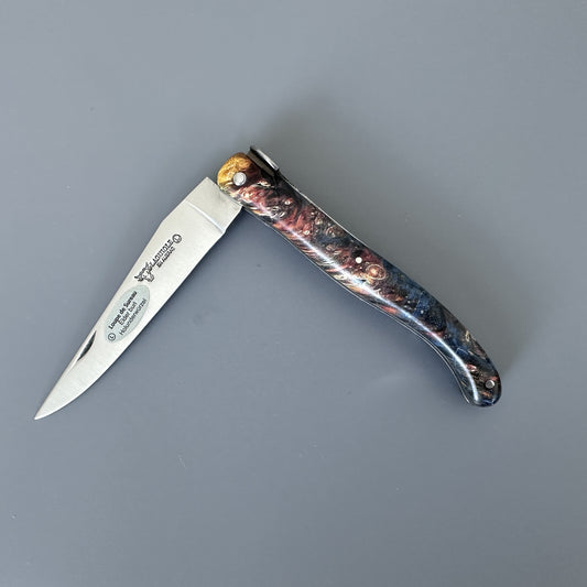 Laguiole en Aubrac Folding Knife Cosmos Big Bang Bee, Dark Fire Elder Burl, 4.8"