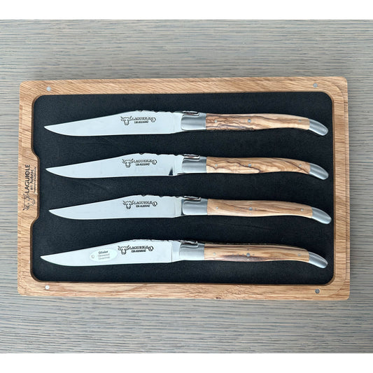 Laguiole en Aubrac Luxury Handcrafted Stainless Steel & Brass Double Plate 4-Piece Steak Knife Set with Olivewood Handles