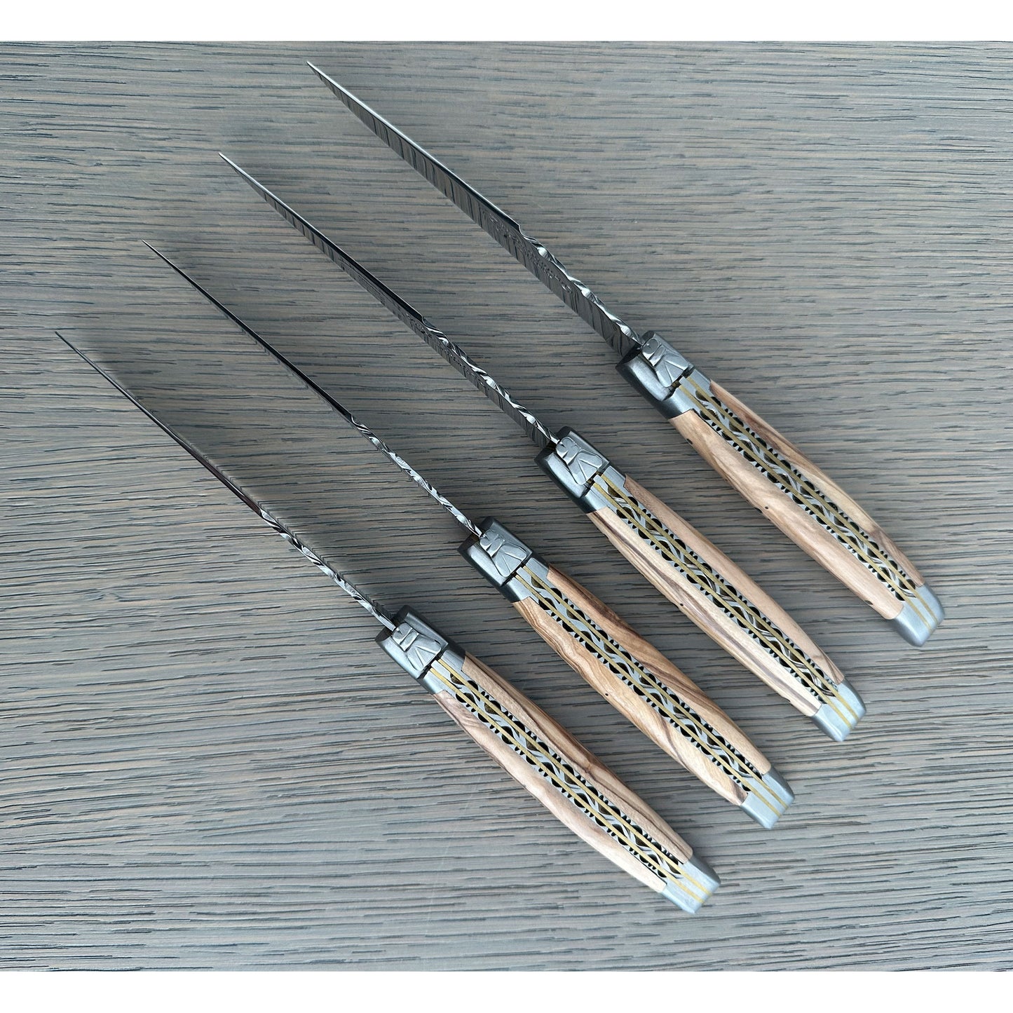 Laguiole en Aubrac Luxury Handcrafted Stainless Steel & Brass Double Plate 6-Piece Steak Knife Set with Olive Wood Handles