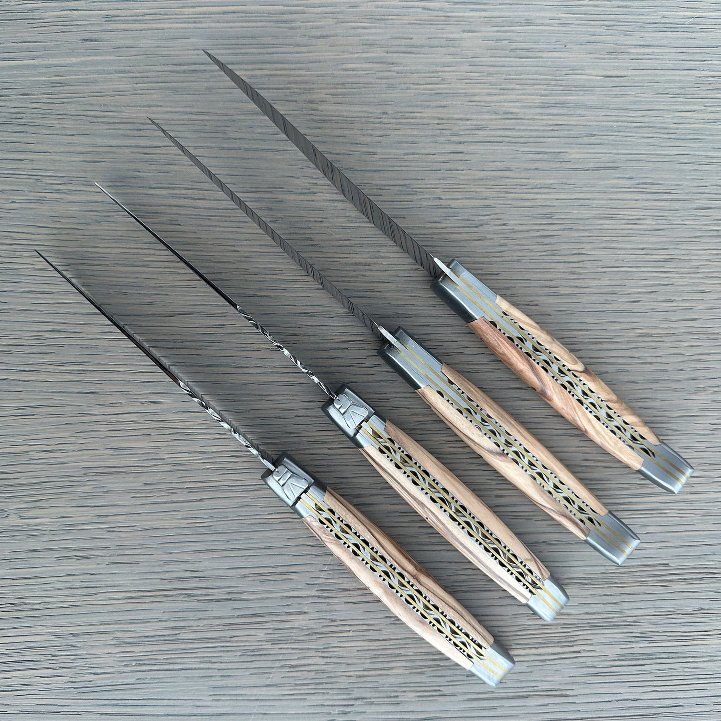 Laguiole en Aubrac Luxury Handcrafted Stainless Steel & Brass Double Plate 6-Piece Steak Knife Set with Olive Wood Handles