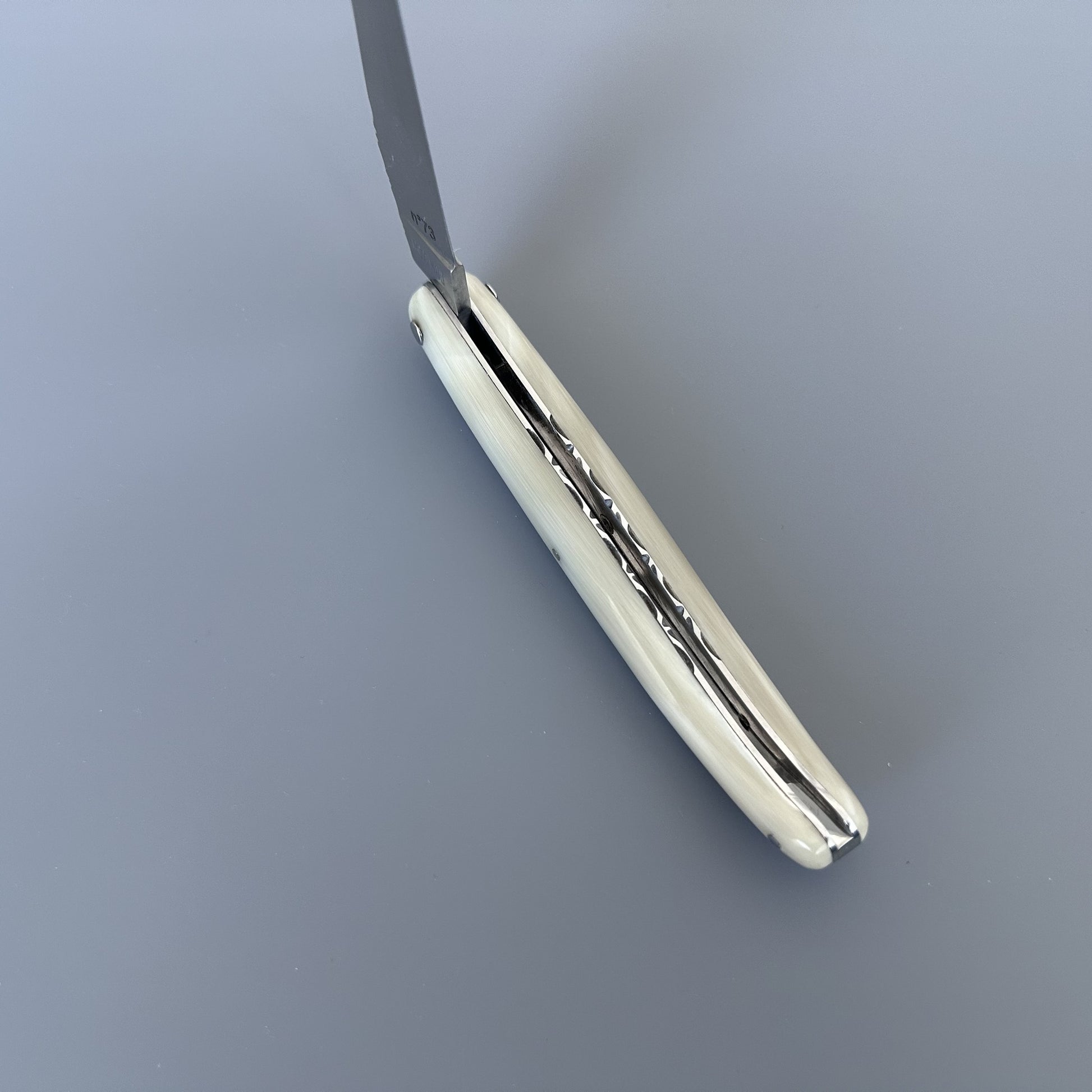 Laguiole en Aubrac folding pocket knife with an ivory bone handle and a silver steel blade, shown with the inner spine.