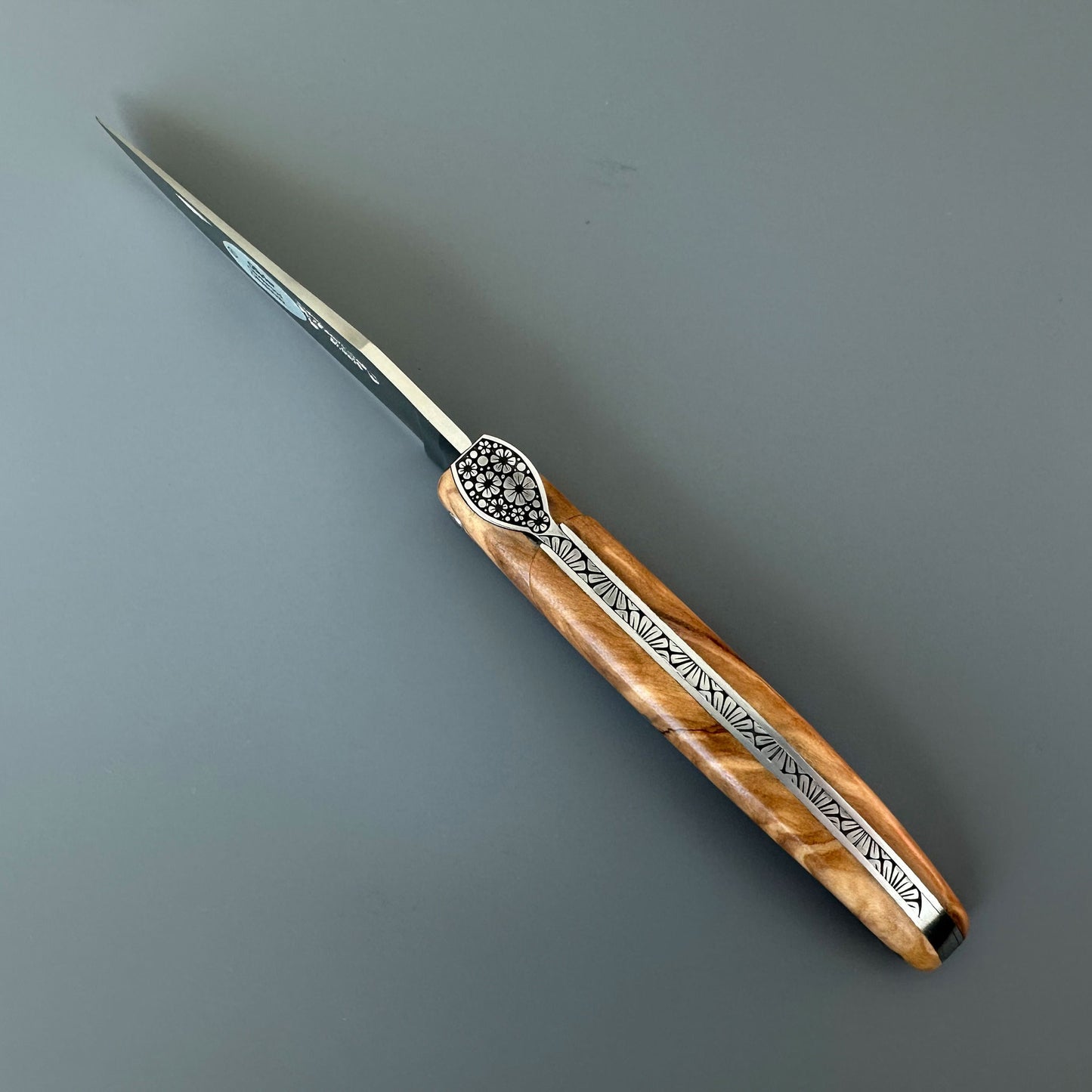 Laguiole en Aubrac Folding Knife Secret Garden Series Primrose Bee with Olive Wood, 4.8-in