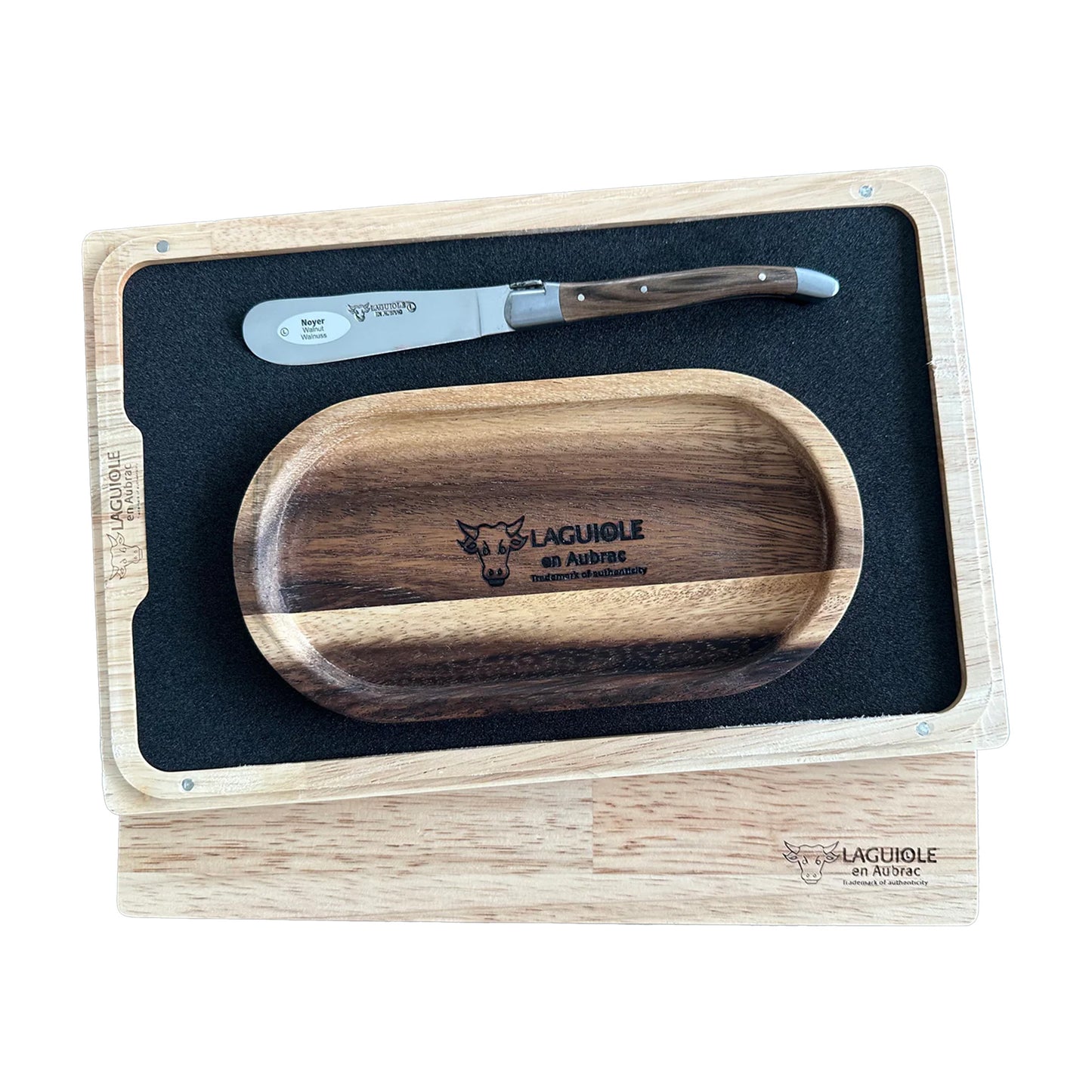 Laguiole en Aubrac Handcrafted Butter & Soft Cheese Knife With Walnut Wood Handle & Oak Wood Rest Set