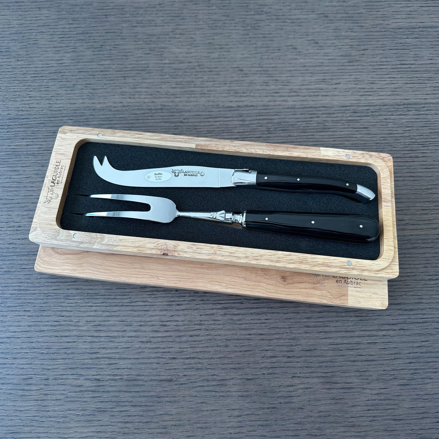 Laguiole en Aubrac Handcrafted 2-Piece Cheese Knife Set with Buffalo Horn Handles