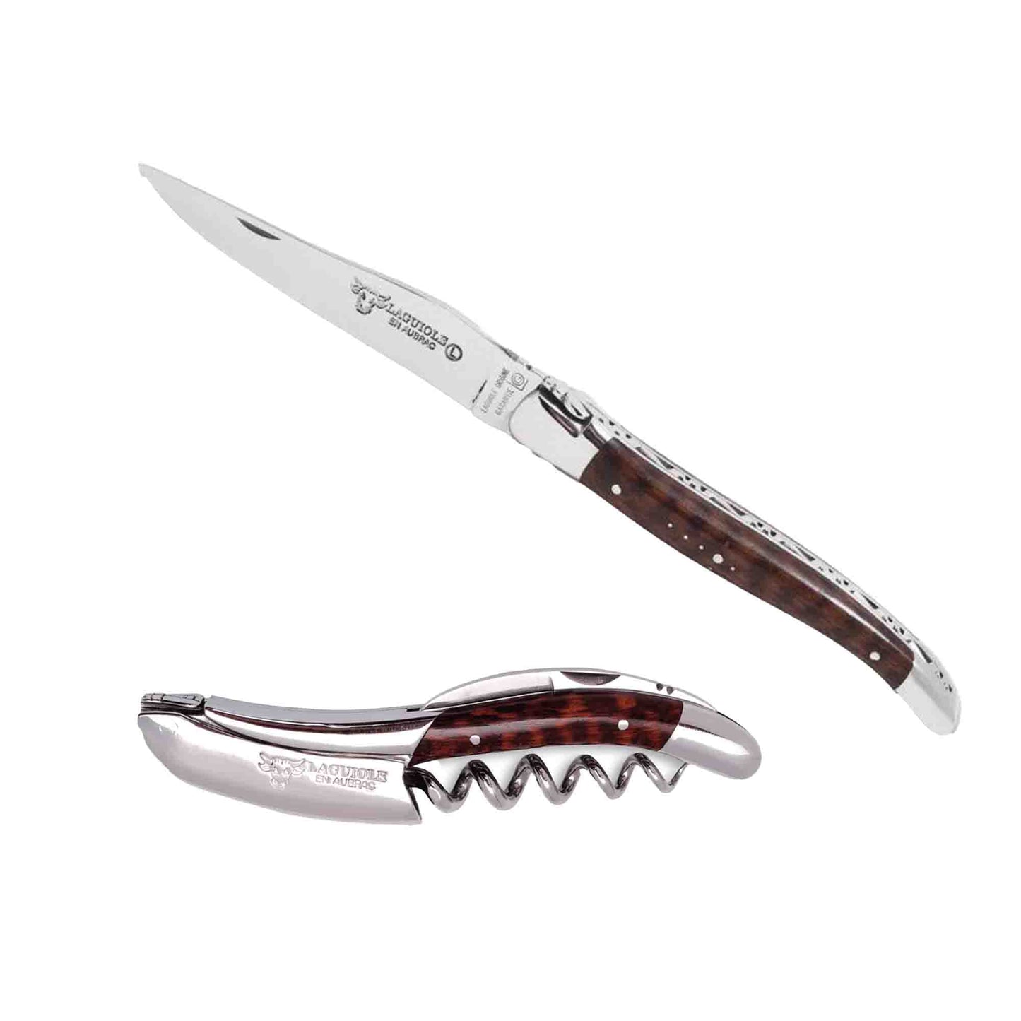 Laguiole en Aubrac 2-Piece Sommelier Waiter's Corkscrew and Handcrafted Plate Multipurpose Knife With Amourette Wood Handle