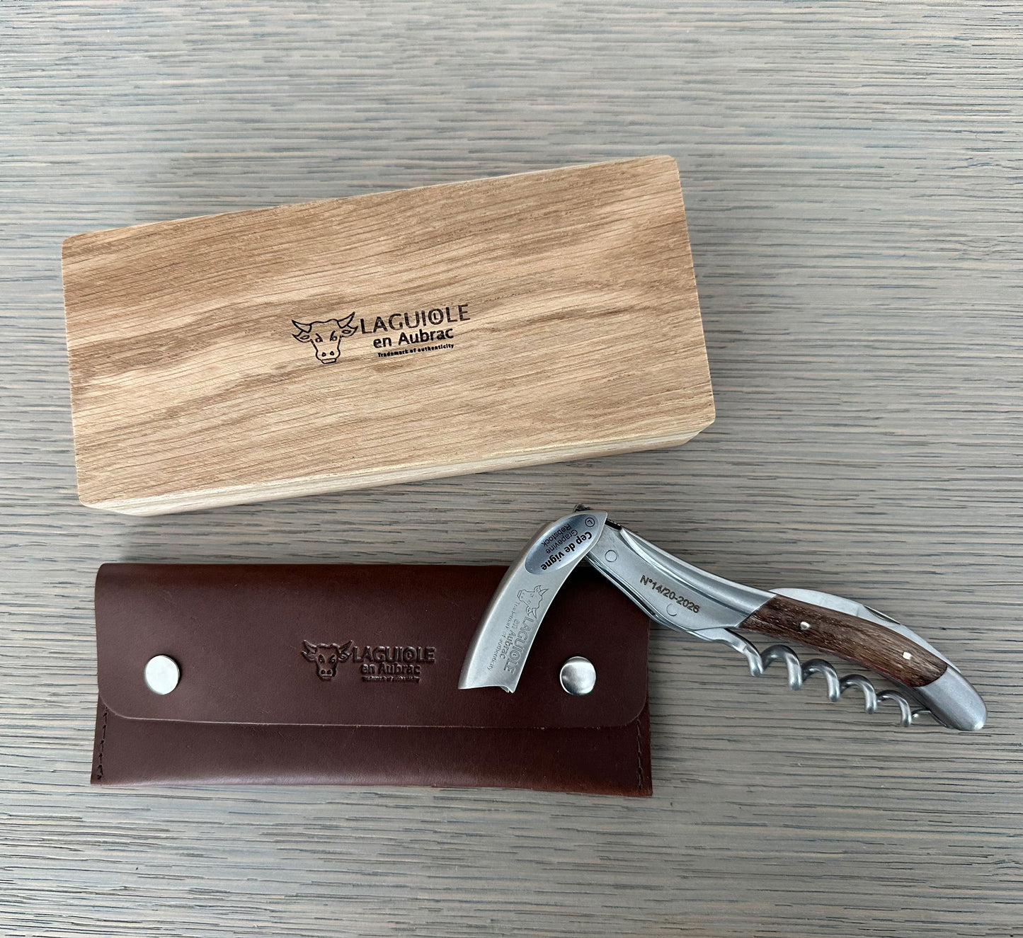 Handcrafted Sommelier Special Edition Numbered Waiter's Corkscrew with Grapevine Wood Handle and Red Inlay by Laguiole en Aubrac