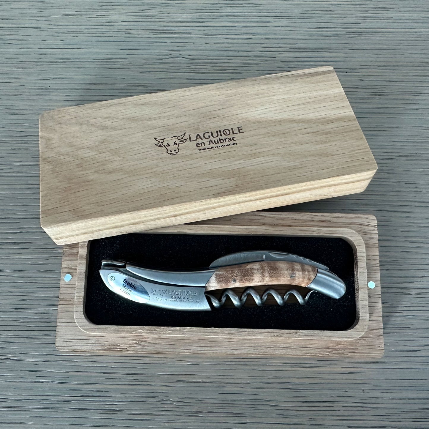 Handcrafted Sommelier Waiter's Corkscrew with Wavy Maple Wood Handle by Laguiole en Aubrac