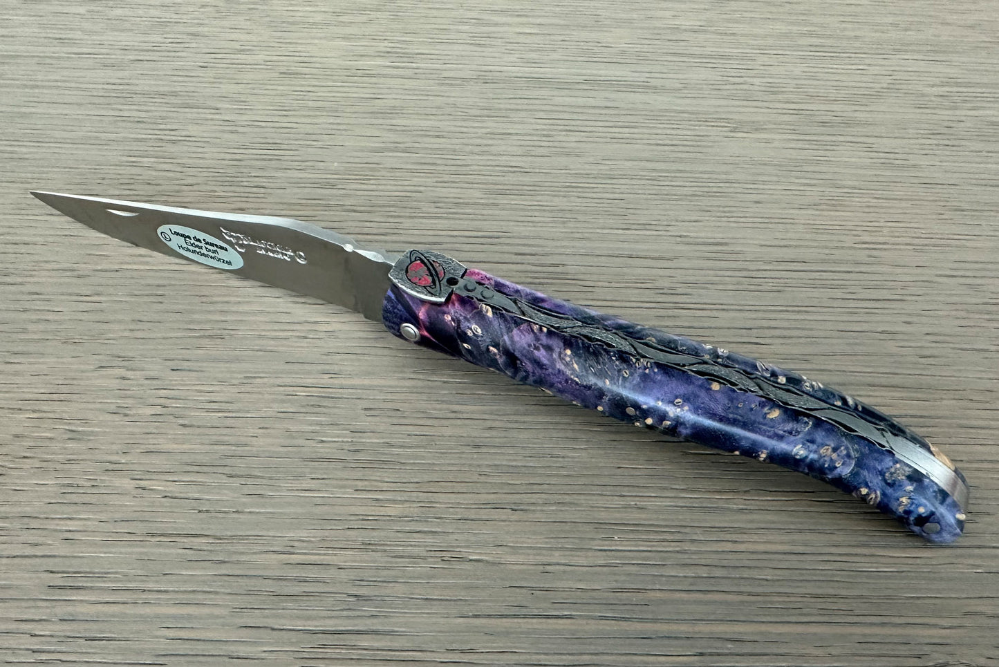 Laguiole en Aubrac Folding Knife Cosmos Series with Saturn Bee, Pink Elder Burl 4.8-in