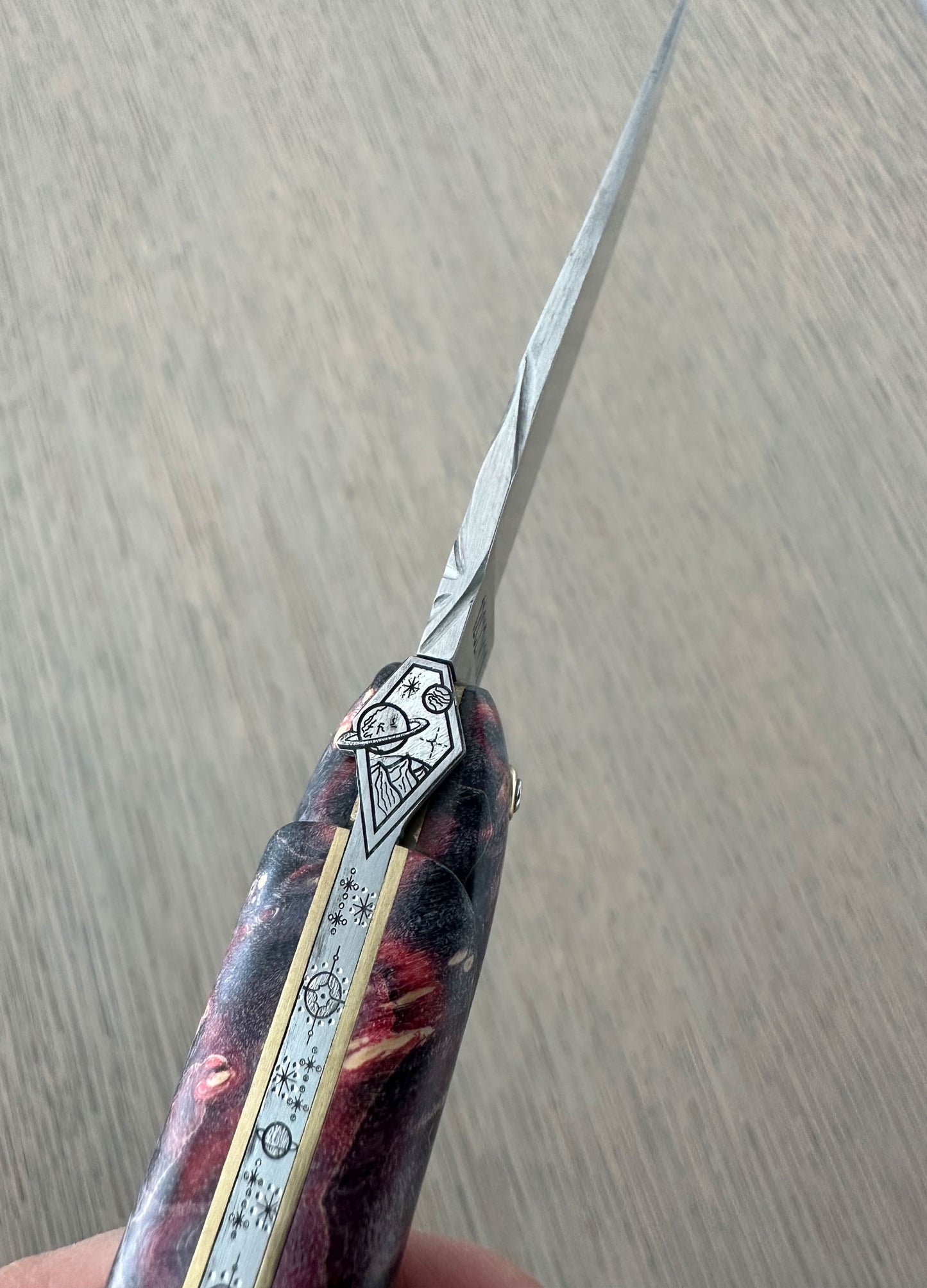 Laguiole en Aubrac Folding Knife Cosmos Series with Space Bee, Fire Elder Burl 4.8-in