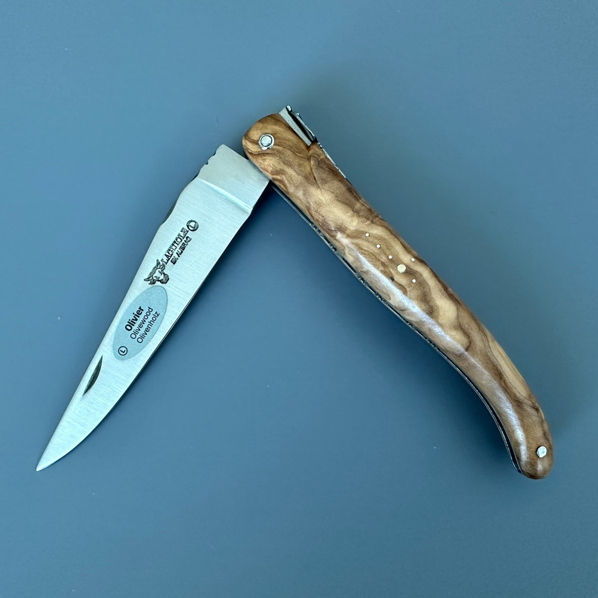 Laguiole Belle Piece Olive Wood partially open Front view