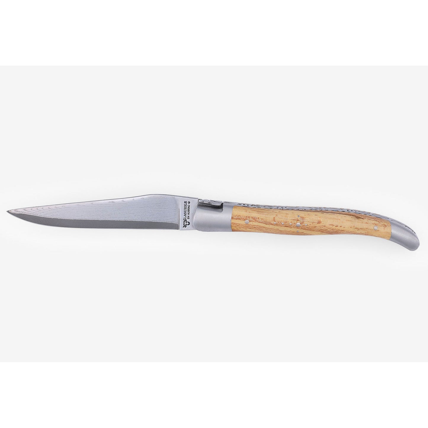 Laguiole en Aubrac Handcrafted Damascus Double Plates Multipurpose Knife with Brushed Bolsters, Aubrac Wood Handle, 4.75 inches - LaguioleEnAubracShop