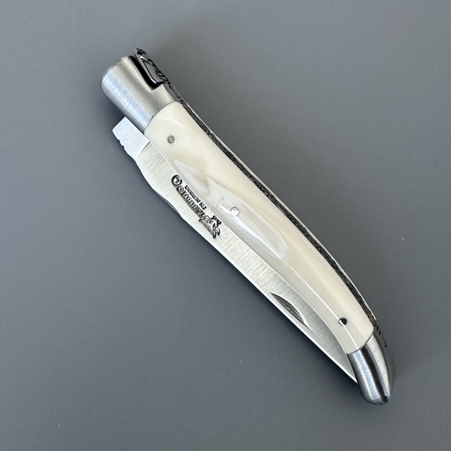 Closed Belle folding knife with warthog bone handle, shown diagonally with blade edge and pin detail visible