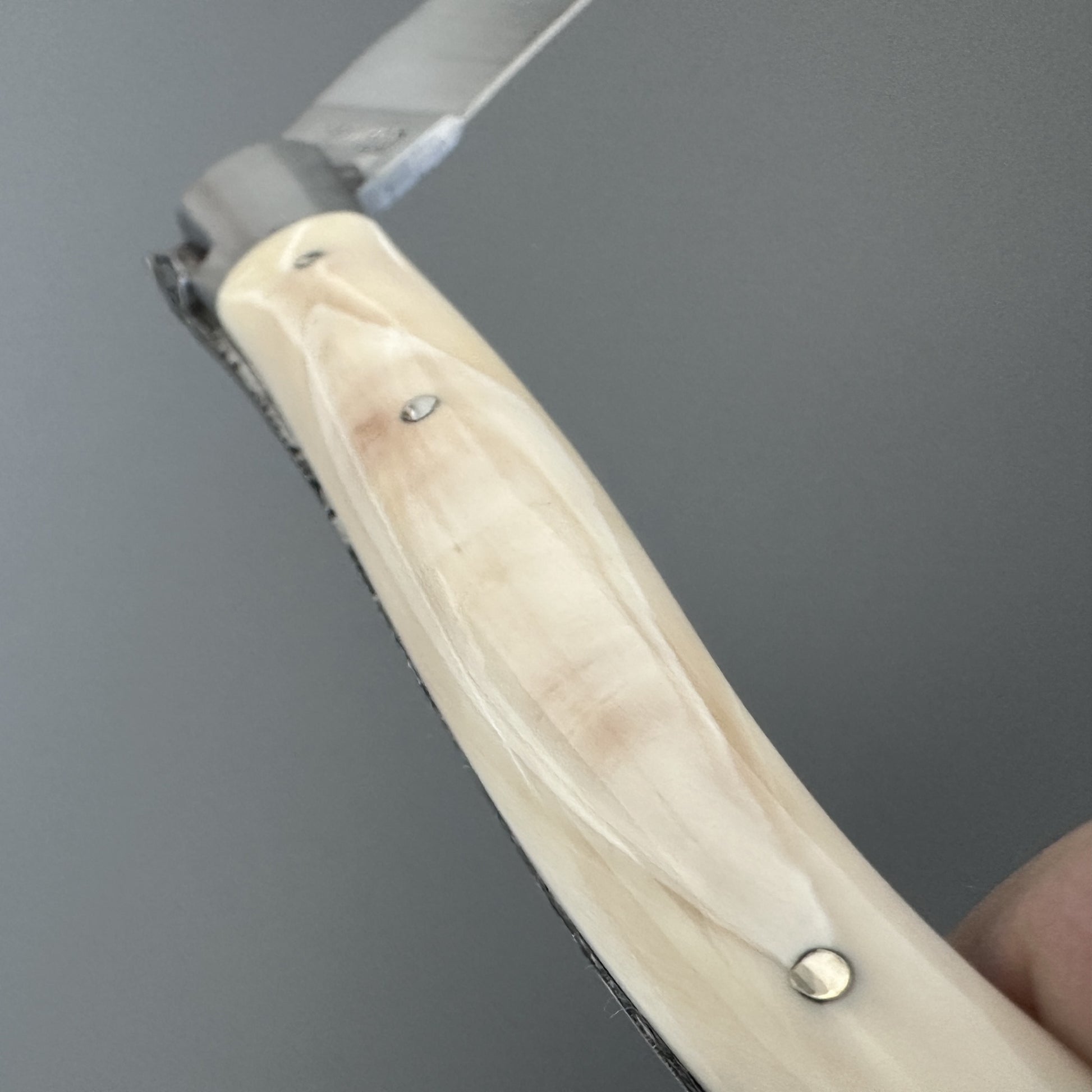 Macro shot of the warthog bone handle grain and bolster pin, hand-held against a gray background