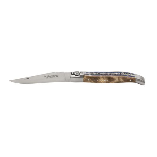 Laguiole en Aubrac Limited Edition With Two Handcarved Plates Multipurpose Knife And Blackened Poplar Burl Handle, Blue Spacing 4.75-Inches - LaguioleEnAubracShop