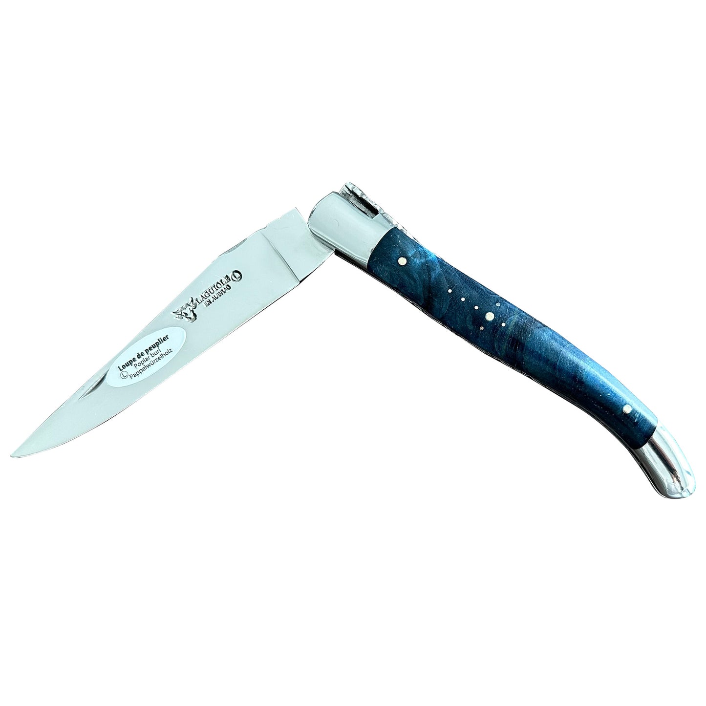 Laguiole en Aubrac Handcarved Plates Multipurpose Knife with Stabilized Blue Poplar Burl With Veins Handle, 4.75-Inches - LaguioleEnAubracShop