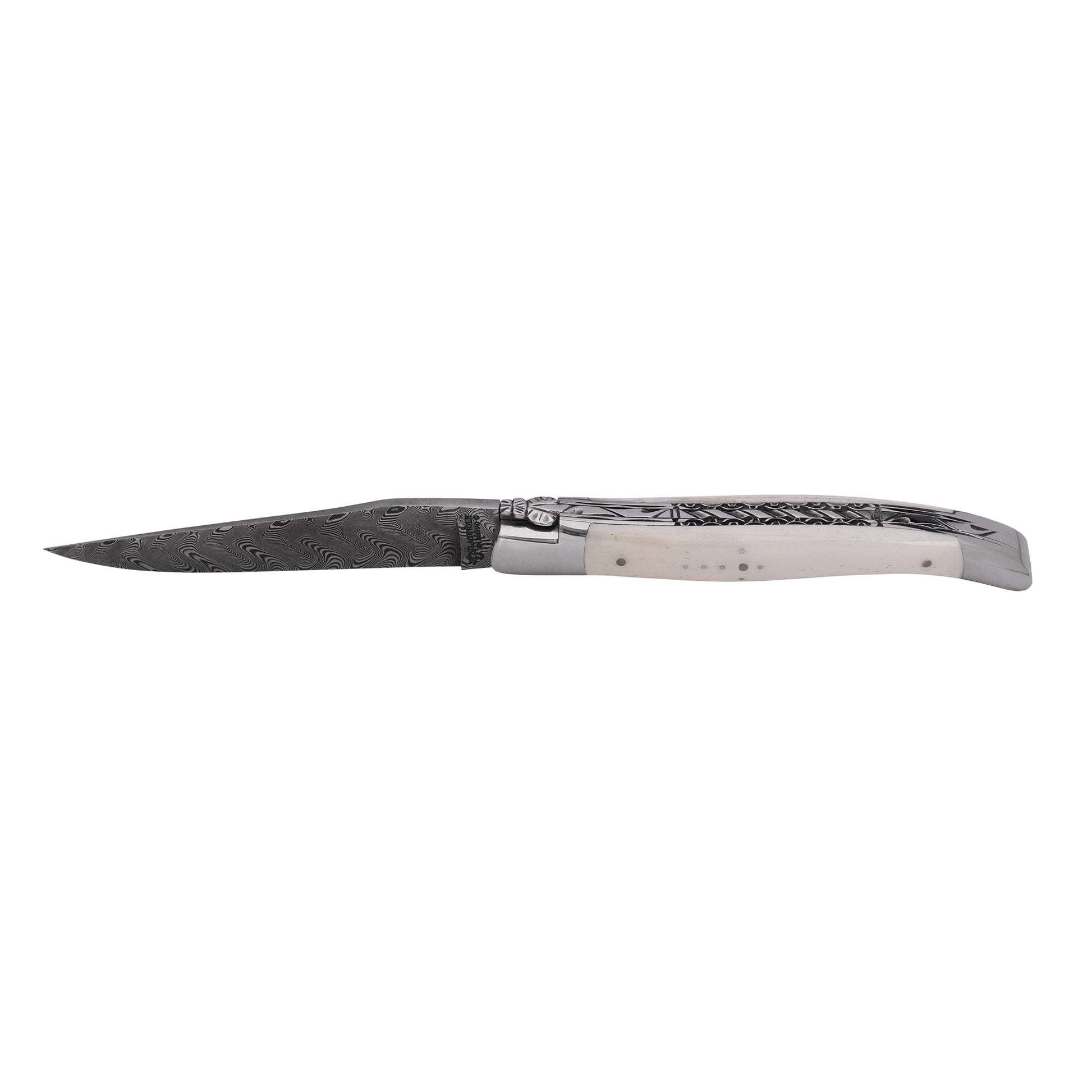 Laguiole en Aubrac Handcrafted Multilayer Damascus Double Plates Multipurpose Knife with Bone Handle, Brushed Bolsters4.75-Inches - LaguioleEnAubracShop