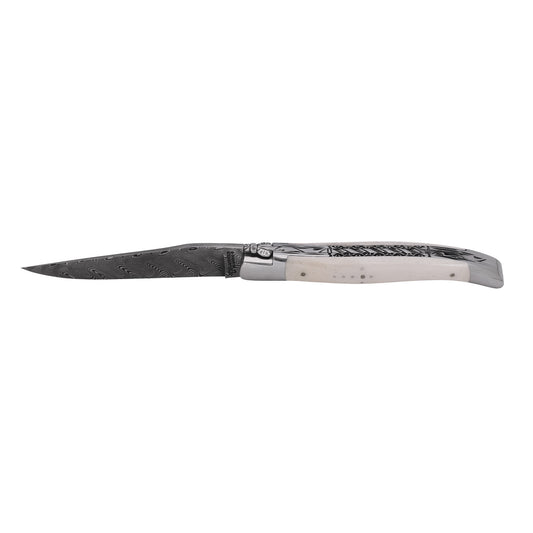 Laguiole en Aubrac Handcrafted Multilayer Damascus Double Plates Multipurpose Knife with Bone Handle, Brushed Bolsters4.75-Inches - LaguioleEnAubracShop