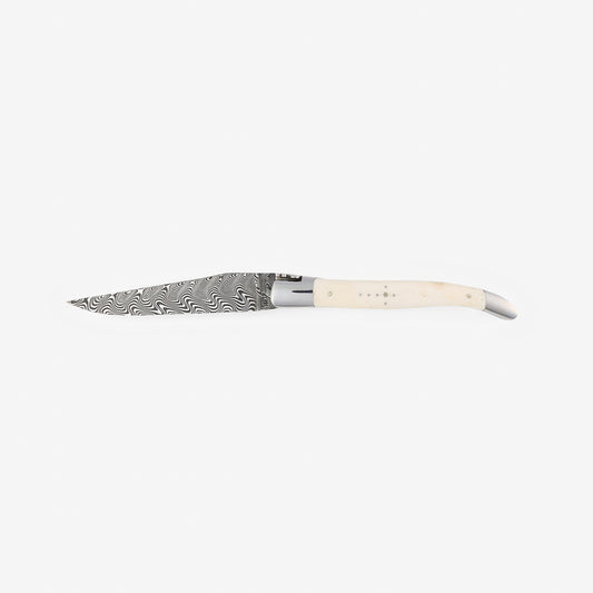 Laguiole en Aubrac Handcrafted Multilayer Damascus Double Plates Multipurpose Knife with Bone Handle, 4.75-Inches - LaguioleEnAubracShop