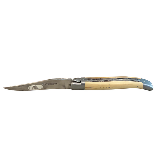 Laguiole en Aubrac Handcrafted Double Plates Multipurpose Knife Stainless Steel Bolsters, Boxwood Handle From Chateau de Chantilly, 4.75-Inches - LaguioleEnAubracShop