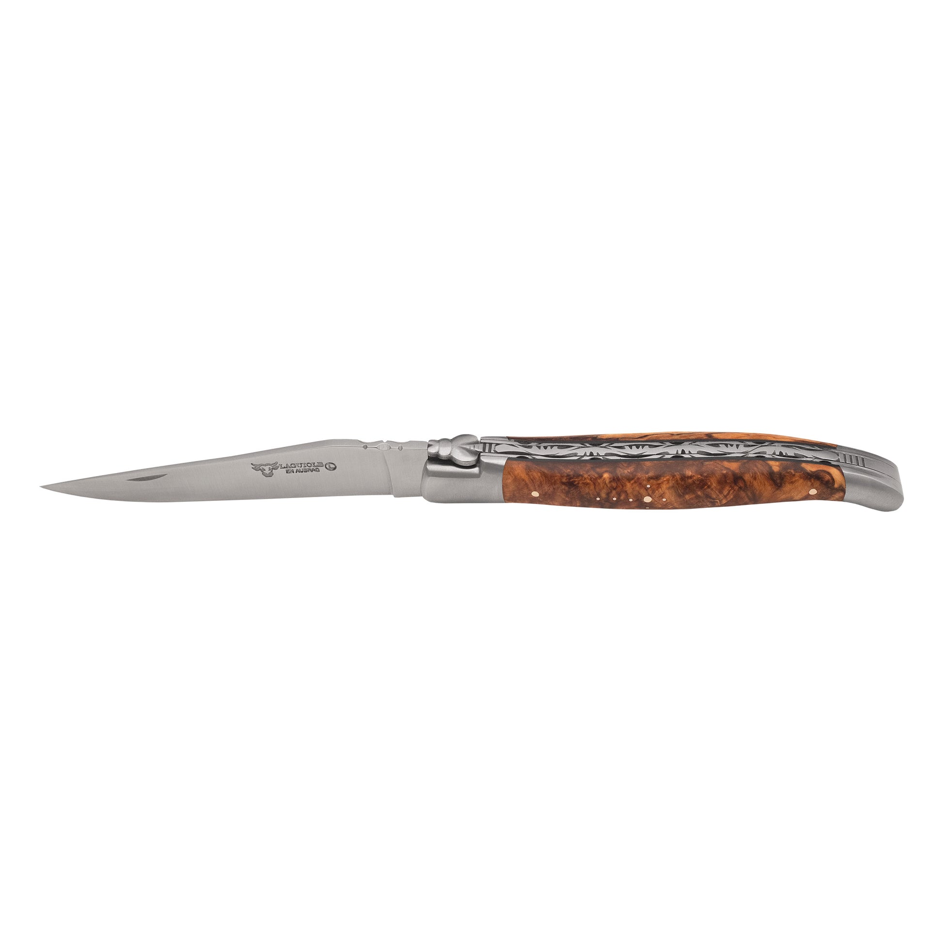 Laguiole en Aubrac Limited Edition With Two Handcarved Plates Multipurpose Knife And Brown Poplar Burl Handle, 4.75-Inches - LaguioleEnAubracShop
