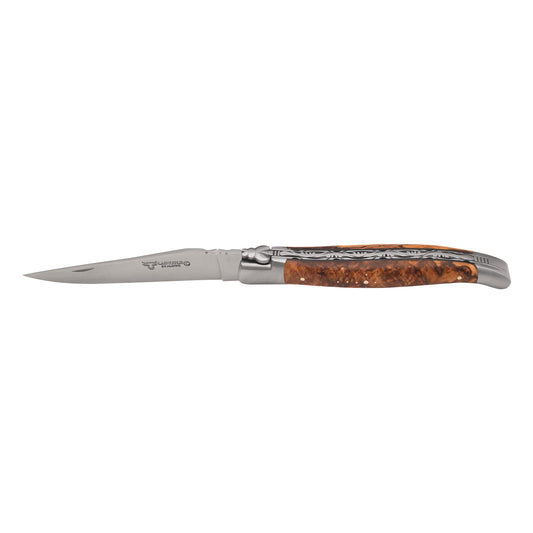Laguiole en Aubrac Limited Edition With Two Handcarved Plates Multipurpose Knife And Brown Poplar Burl Handle, 4.75-Inches - LaguioleEnAubracShop