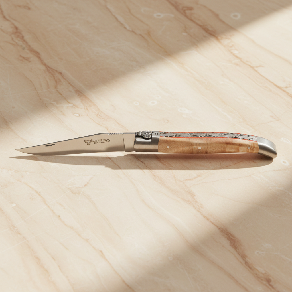 Laguiole en Aubrac Limited Edition With Two Handcarved Plates Multipurpose Knife And Brown Poplar Burl Handle, Red Spacing, 4.75-Inches