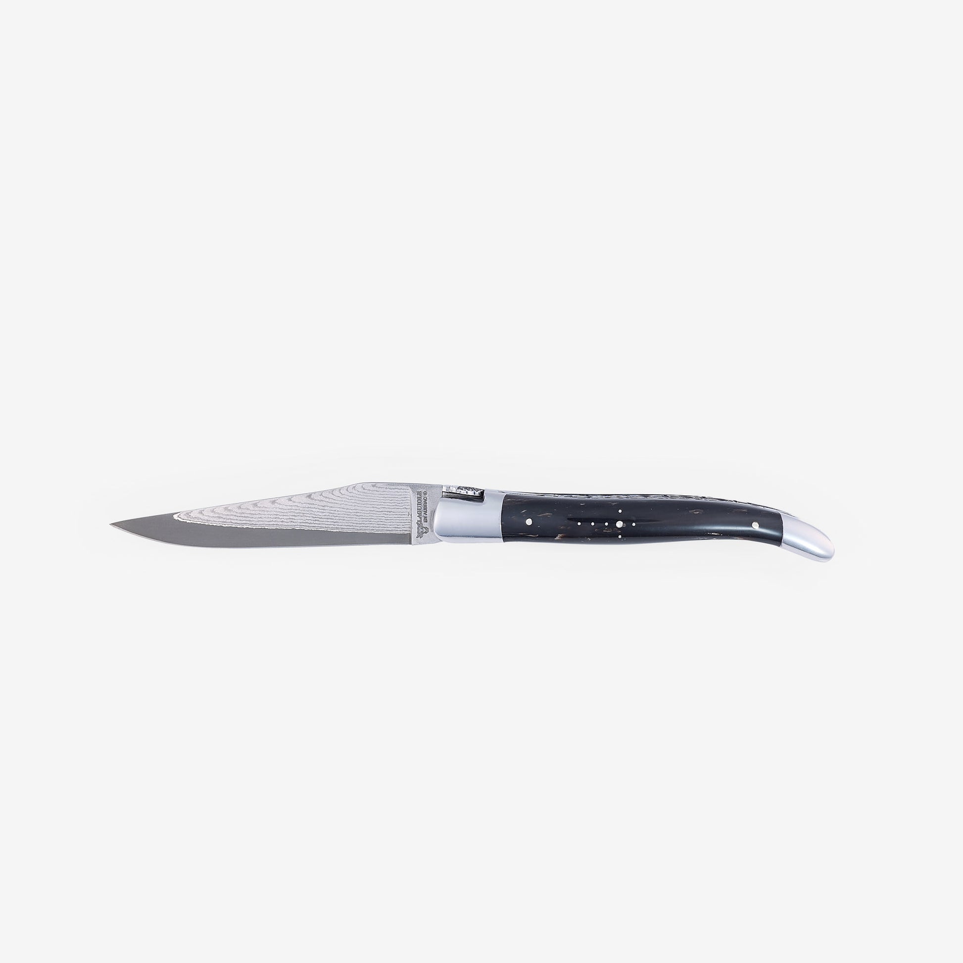 Laguiole en Aubrac Handcrafted Damascus Double Plates Multipurpose Knife with Shiny Bolsters, Buffalo Horn Handle, 4.75 inches - LaguioleEnAubracShop