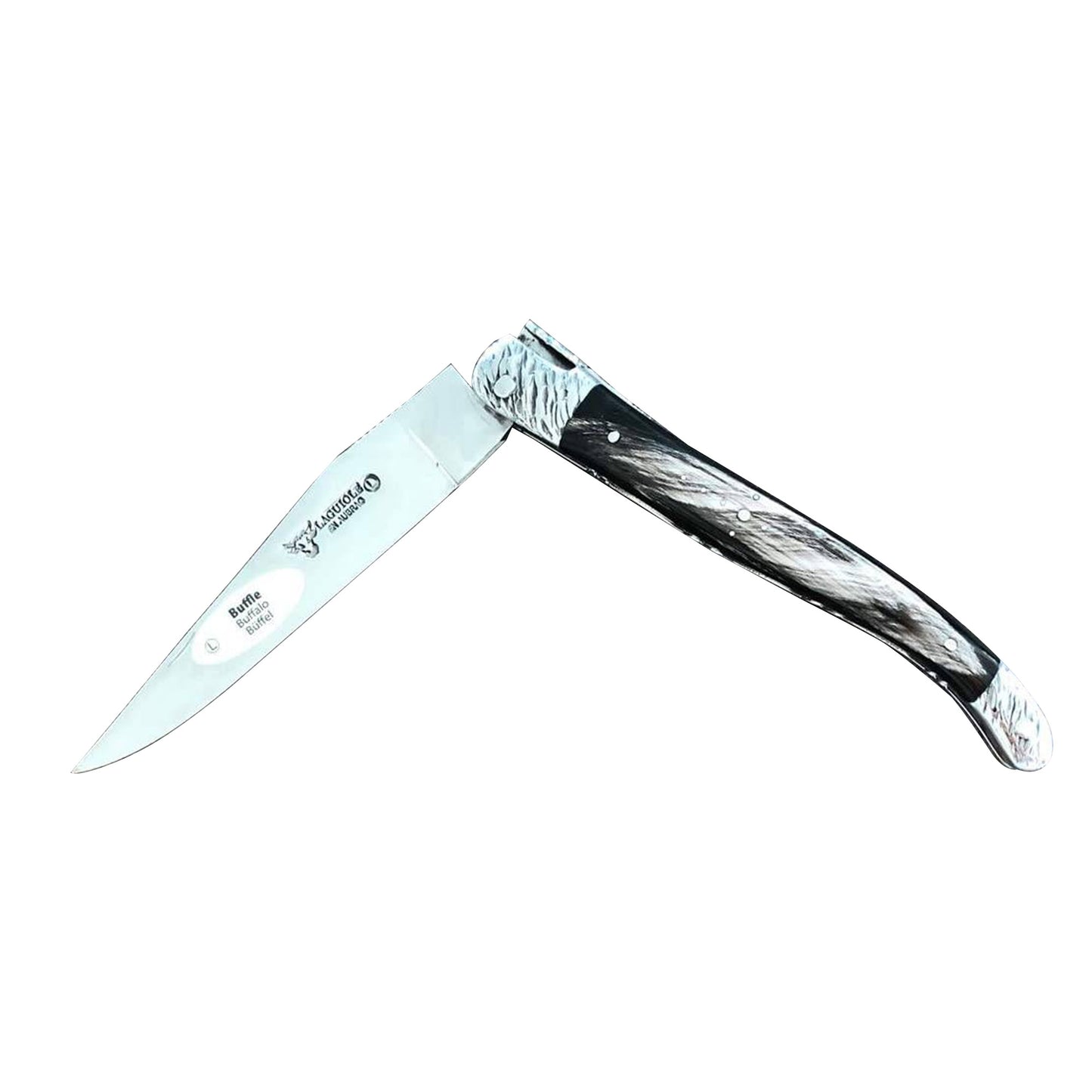 Laguiole en Aubrac Handcrafted Double Plates Multipurpose Knife, Buffalo Horn Handle, Stainless Steel Hammered Bolsters, 4.75 inches - LaguioleEnAubracShop