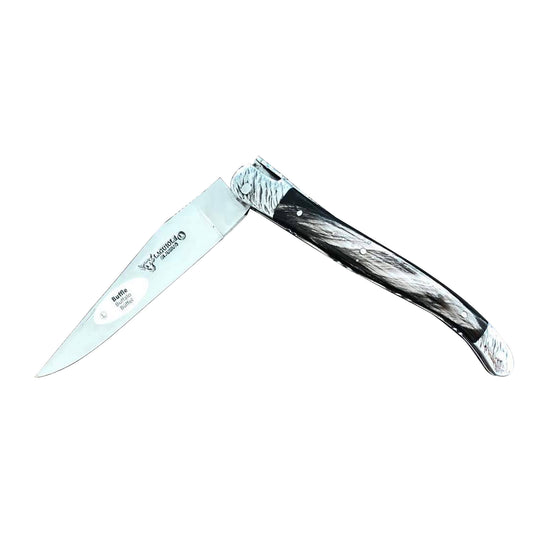 Laguiole en Aubrac Handcrafted Double Plates Multipurpose Knife, Buffalo Horn Handle, Stainless Steel Hammered Bolsters, 4.75 inches - LaguioleEnAubracShop
