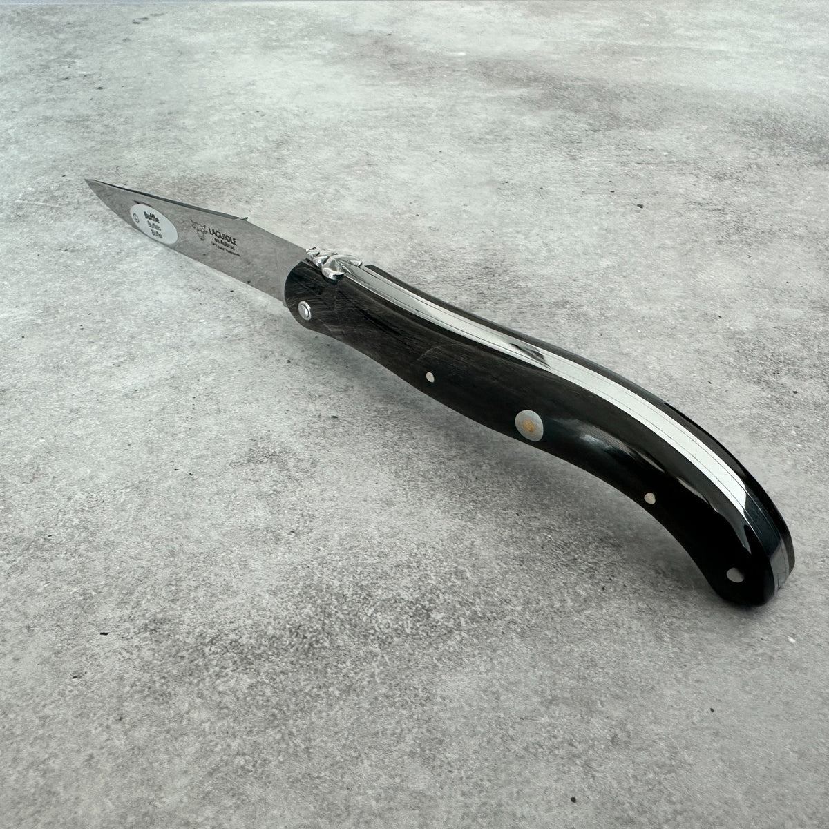 Angled view highlighting the polished buffalo-horn handle and decorative pins of the Laguiole en Aubrac folding knife.