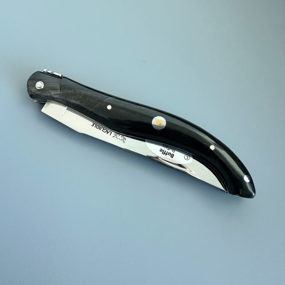 Closed Laguiole en Aubrac folding knife shown from an angled spine view with a polished buffalo-horn handle.