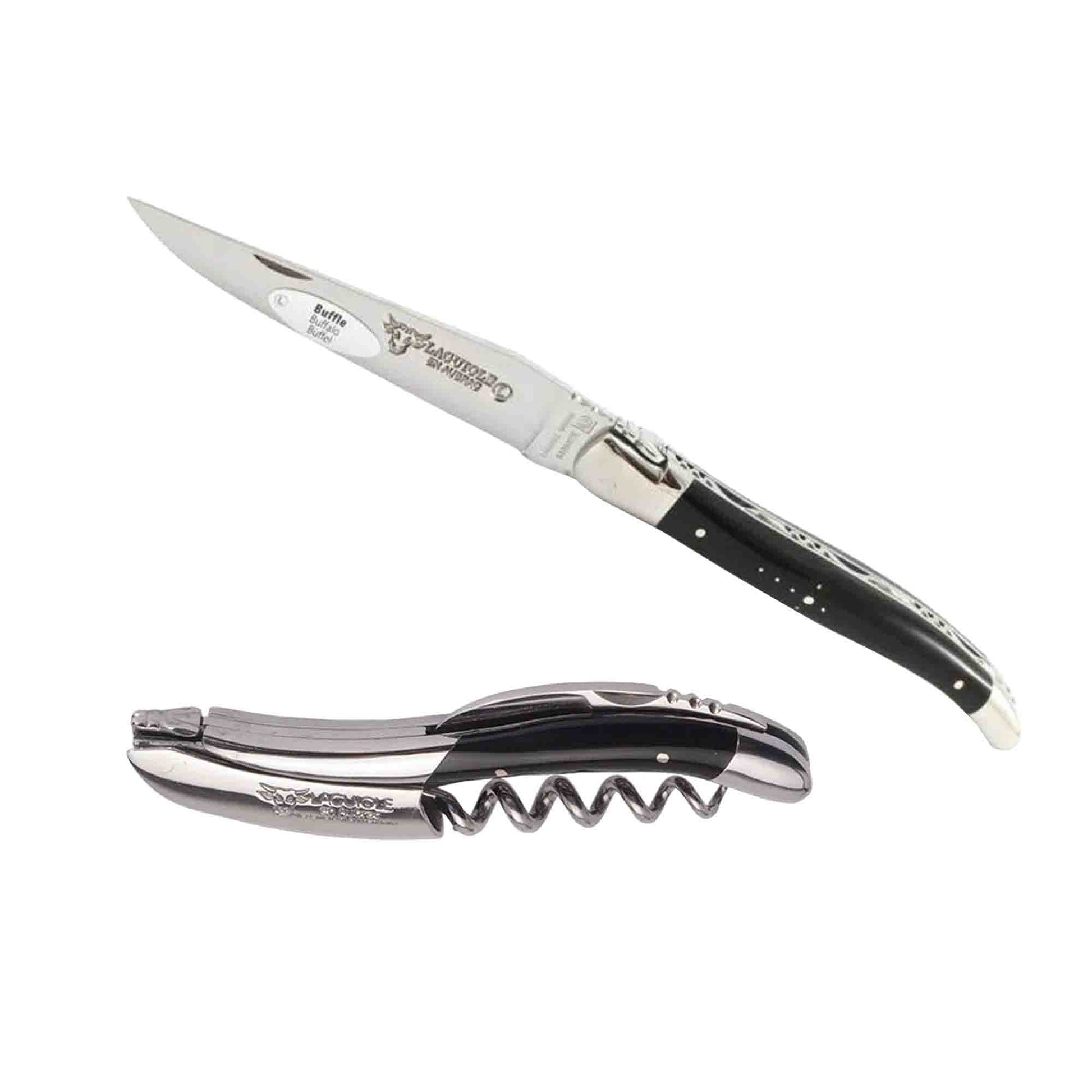 Laguiole en Aubrac 2-Piece Sommelier Waiter's Corkscrew And Handcrafted Plate Multipurpose Knife Set With Buffalo Horn Handle - LaguioleEnAubracShop