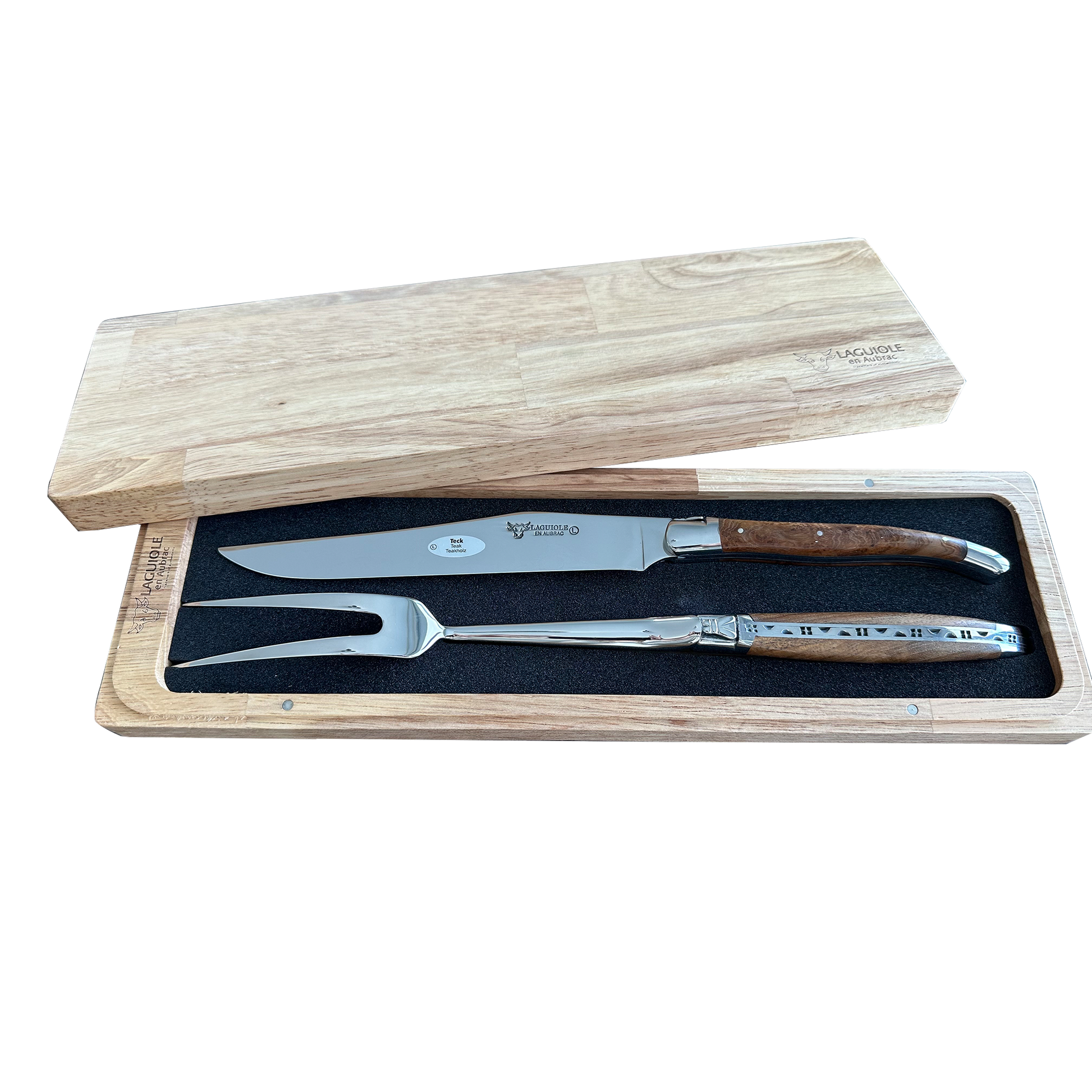 Laguiole en Aubrac Handcrafted Carving Set, Burl Teak Wood Handle - LaguioleEnAubracShop