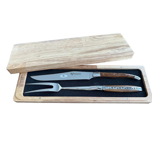 Laguiole en Aubrac Handcrafted Carving Set, Burl Teak Wood Handle - LaguioleEnAubracShop
