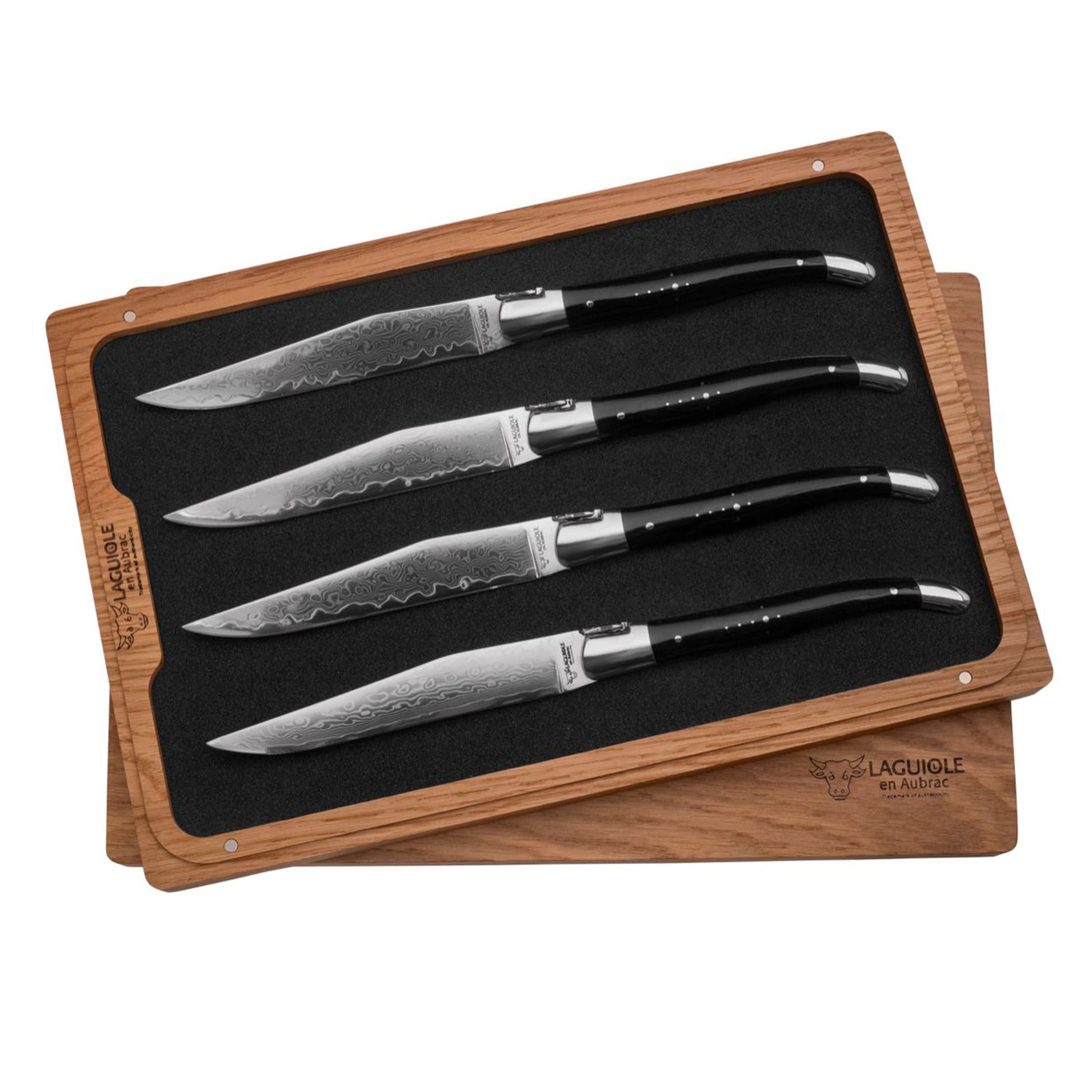 Laguiole en Aubrac Handcrafted Steak & Table Knife Set, Damascus, Buffalo Crust Horn Handle - LaguioleEnAubracShop