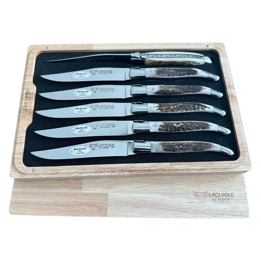 Laguiole en Aubrac Handcrafted Steak & Table Knife Set, Deer Antler Handle - LaguioleEnAubracShop