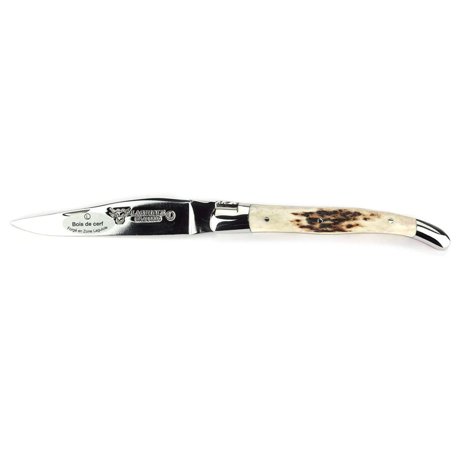 Laguiole en Aubrac Handcrafted Plated Multipurpose Knife, Deer Horn Crust Handle, 4.33 inches - LaguioleEnAubracShop