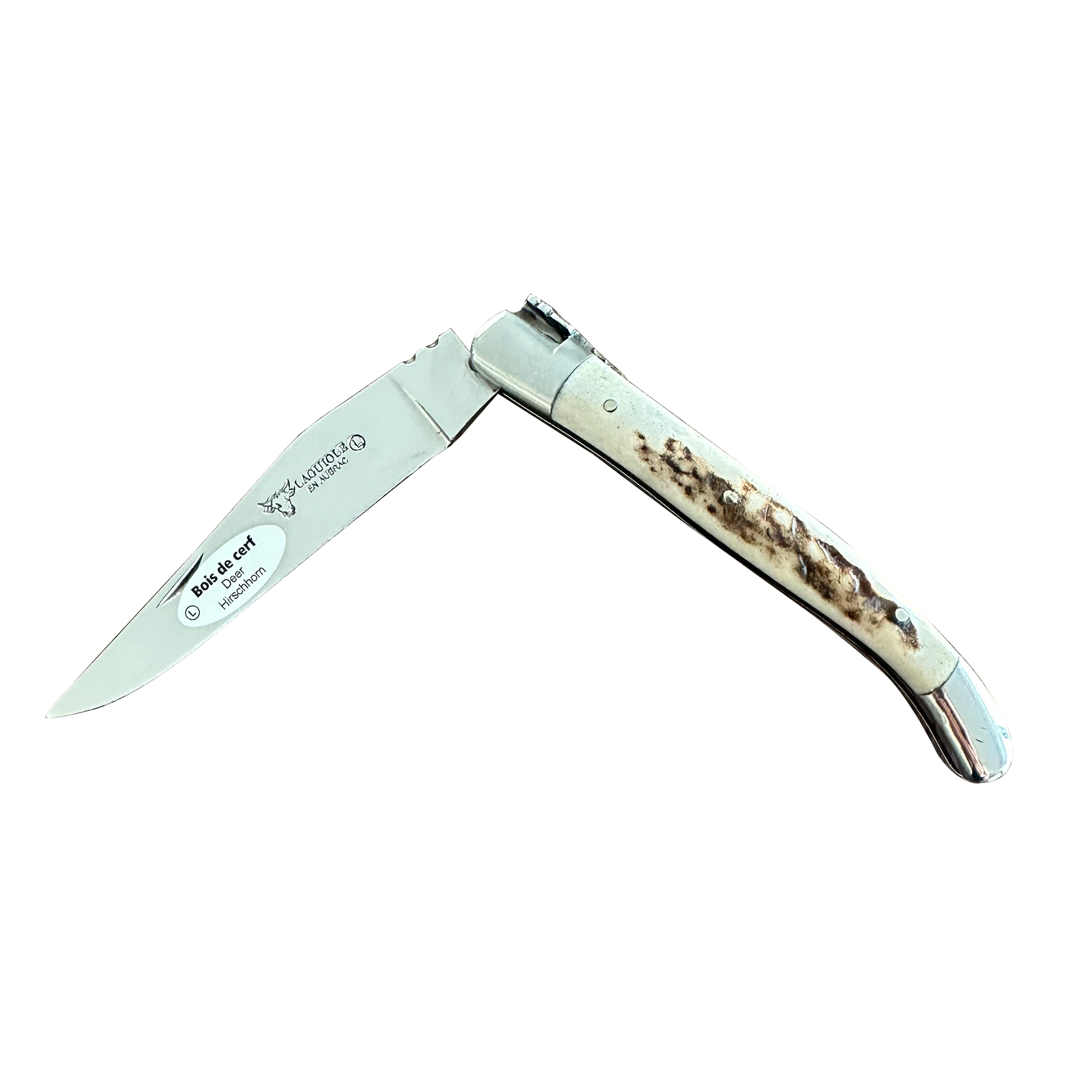 Laguiole en Aubrac Handcrafted Plated Multipurpose Knife, Deer Horn Crust Handle, Brushed Bolsters, 4.33-Inches - LaguioleEnAubracShop