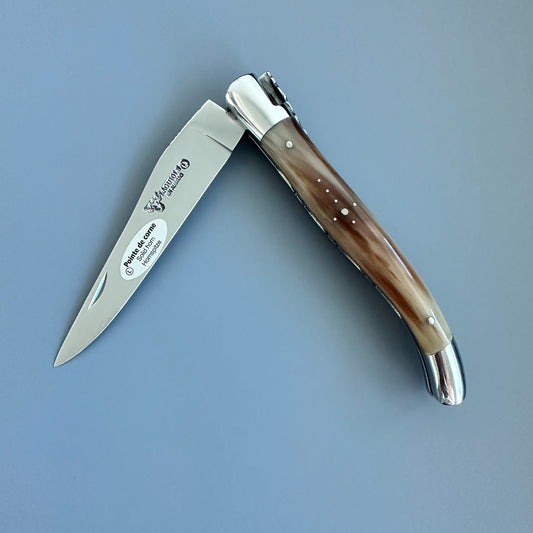 Laguiole en Aubrac Double-Plated Folding Knife — Solid Horn Handle, Blonde