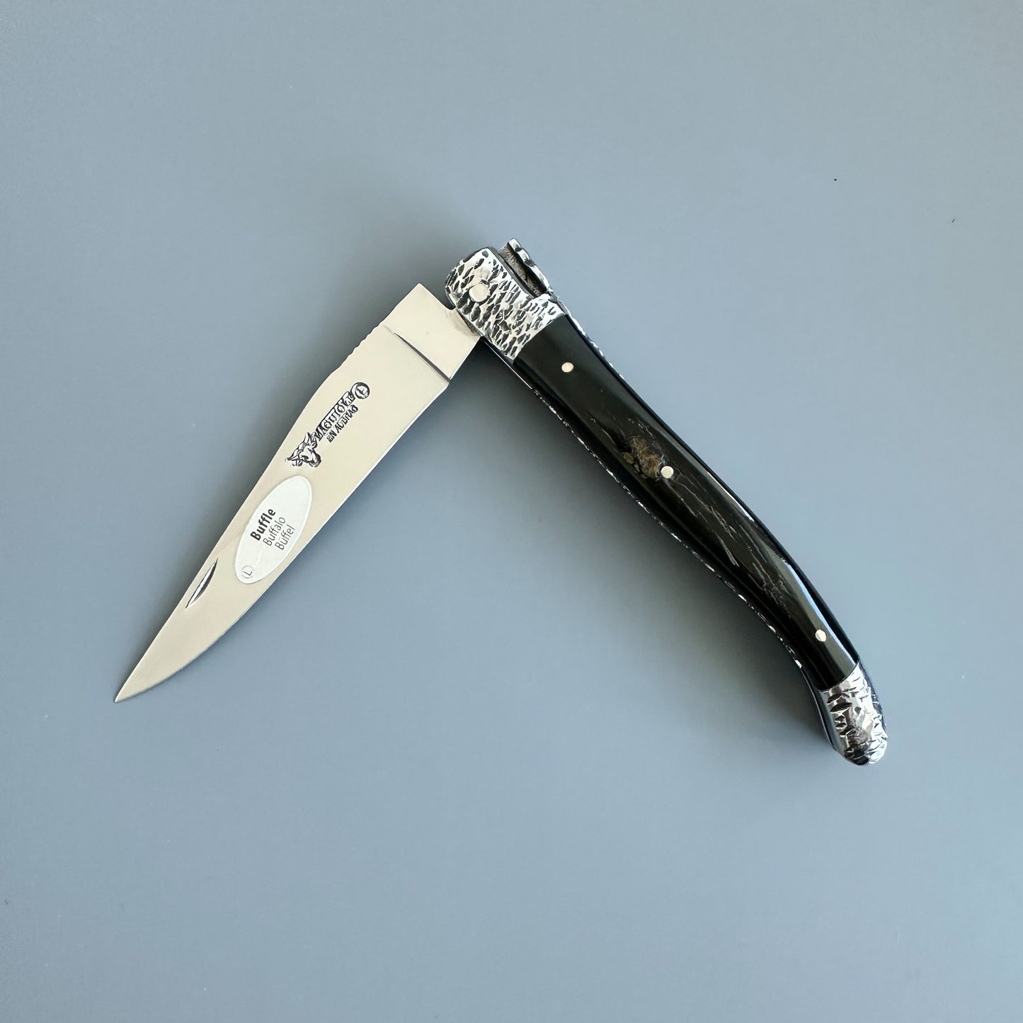 Laguiole en Aubrac Double Plated Knife Hammered Bolsters, Buffalo Crust 4.7"